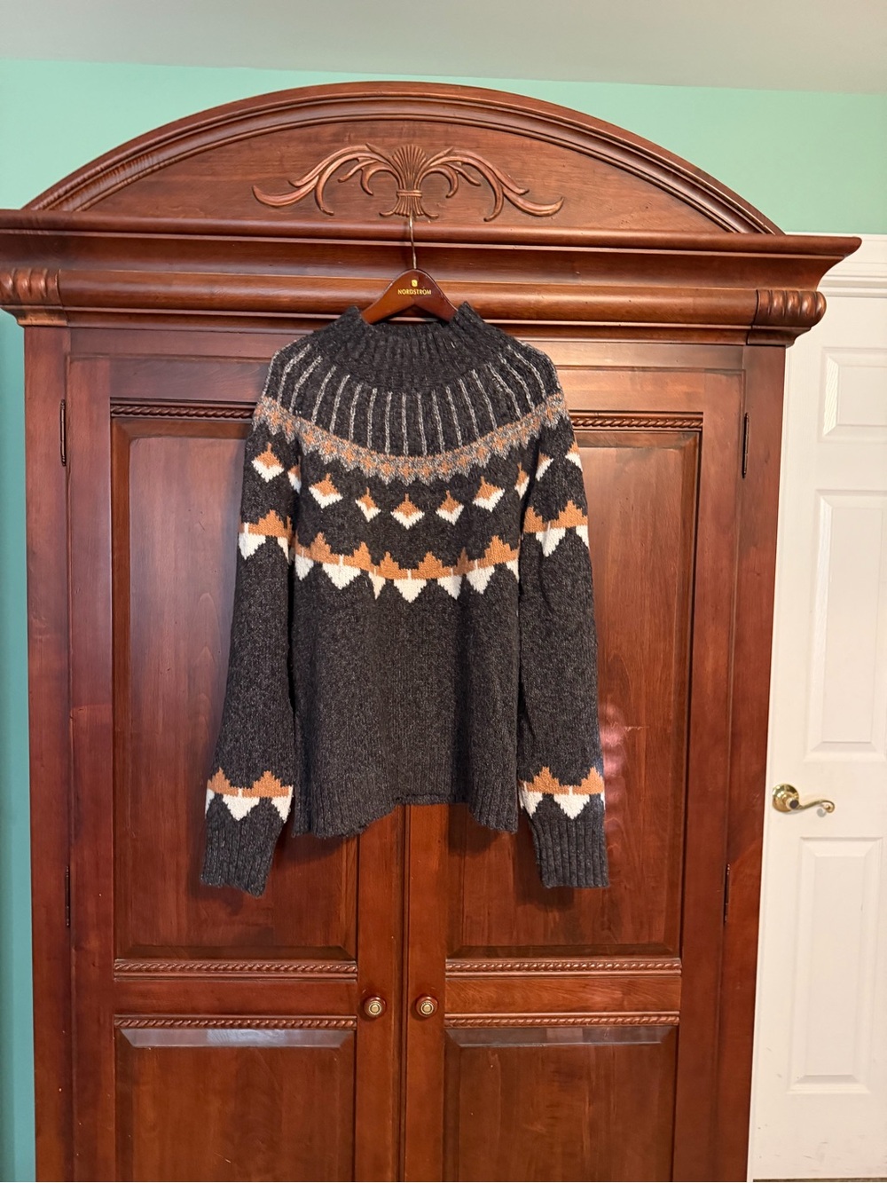 Tribal Women’s Dark Gray Turtleneck Sweater with Tan & White Fair Isle
